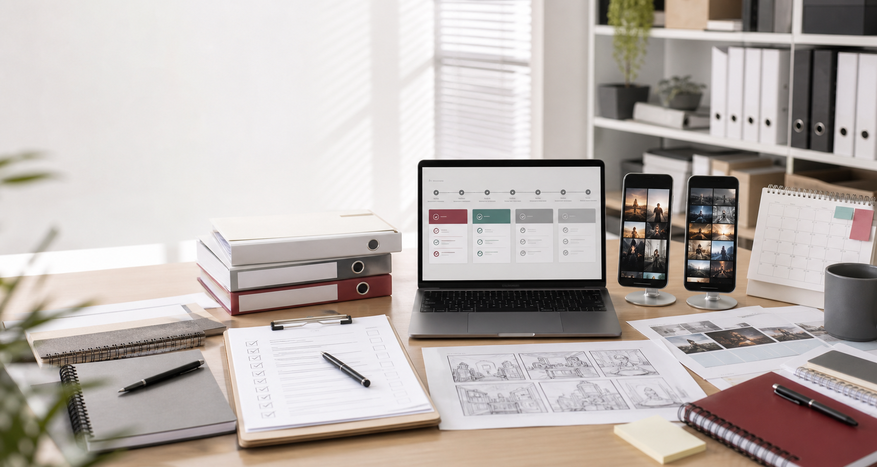 Bright short drama operations desk with review materials and release planning tools